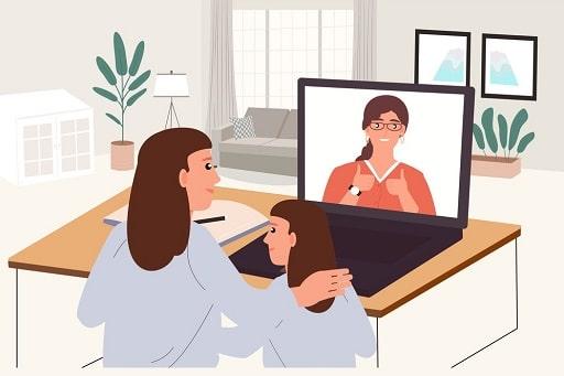 Mother teaching course online  daughter. Student studying online